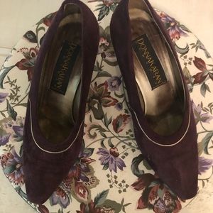 Vintage Donna Karan pumps. Deep purple suede with gold leather lining